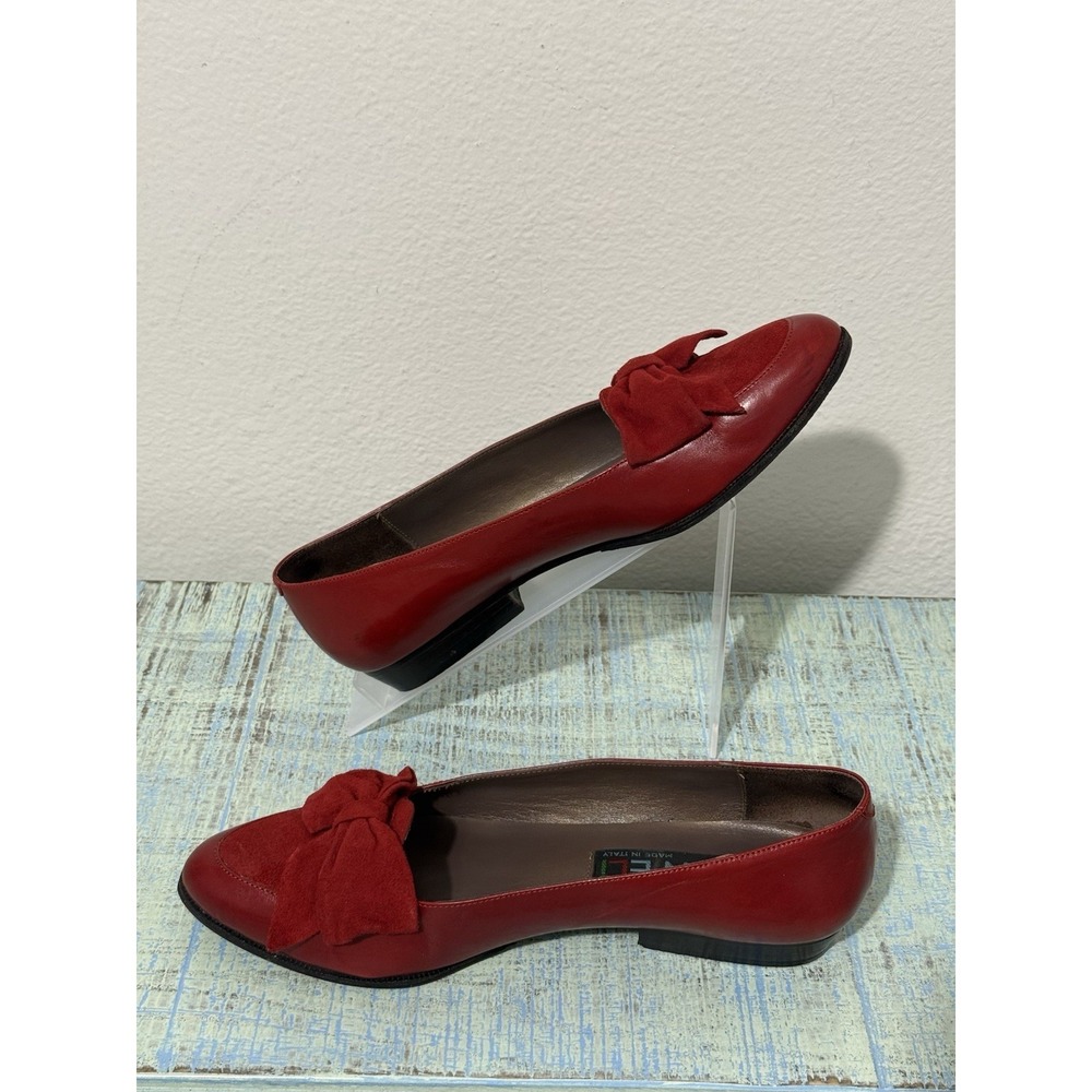 Van Eli Italy Vintage Red Leather Suede Bow Pumps Women's 6.5M - Picture 4 of 12